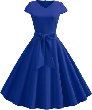 1950s Dresses for Women 2025 Vintage Crewneck Cap Sleeve Swing A-Line Midi Sundress Rockabilly Cocktail Tea Party Dress