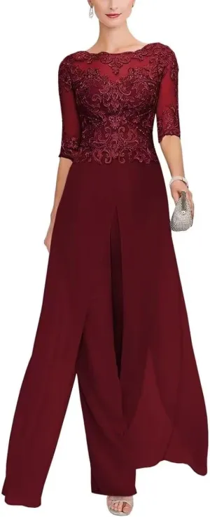 2Pcs Mother of The Bride Jumpsuit for Wedding Lace Applique Chiffon Formal Wedding Guest Dresses