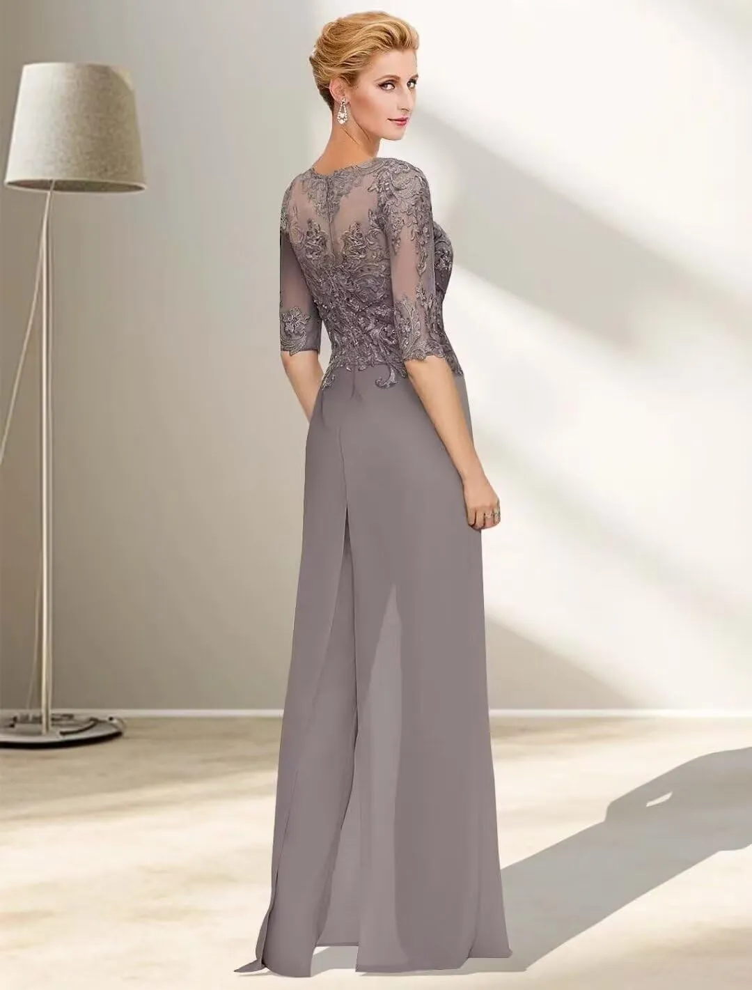 2Pcs Mother of The Bride Jumpsuit for Wedding Lace Applique Chiffon Formal Wedding Guest Dresses