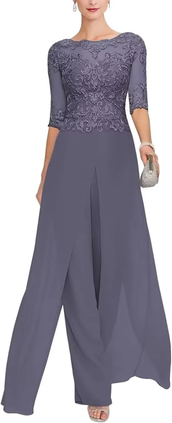2Pcs Mother of The Bride Jumpsuit for Wedding Lace Applique Chiffon Formal Wedding Guest Dresses
