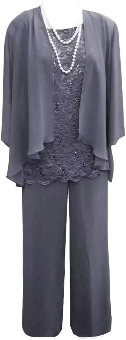 3 Pcs Mother of The Bride Pant Suits for Wedding Long Sleeve Chiffon Formal Evening Gowns with Jacket