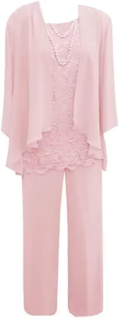 3 Pcs Mother of The Bride Pant Suits for Wedding Long Sleeve Chiffon Formal Evening Gowns with Jacket