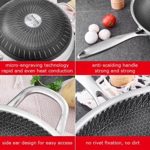 316 Stainless Steel 32cm Non-Stick Stir Fry Wok Pan | Honeycomb Double Sided | Without Lid
