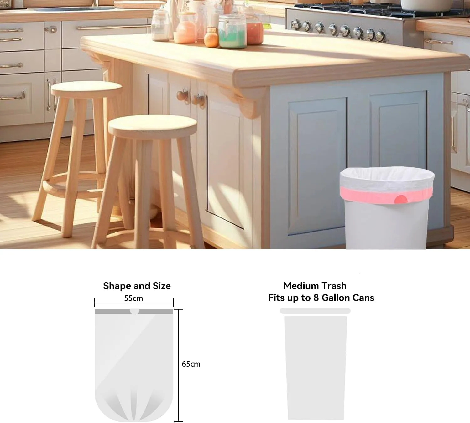 8 Gallon Trash Bags Drawstring, Pack of 40, 8 gal Garbage Bags, 55x65cm Size, 8.4g/pcs, Unscented, White