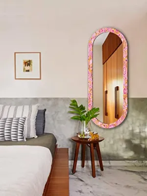 999STORE Printed dreshing Mirror for Wall red & Yellow Floral Art Pattern Large Long Big Full Length Mirror for Wall (MDF_18X46 Inches) MirrorR1846107