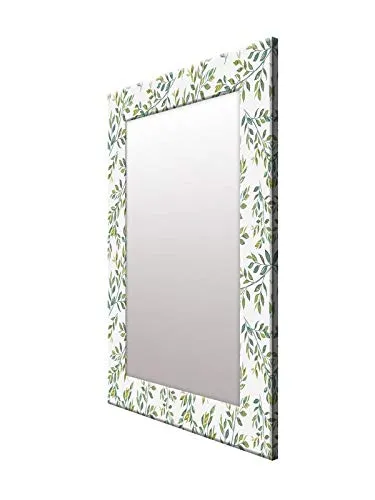 999STORE Printed Glass Mirror for Bathroom Wall Toilet Mirror White Green Leaves washroom Bathroom Mirror (MDF_14X20 Inches) MirrorSMP218