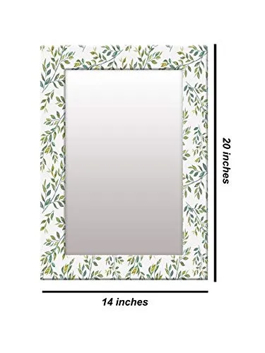 999STORE Printed Glass Mirror for Bathroom Wall Toilet Mirror White Green Leaves washroom Bathroom Mirror (MDF_14X20 Inches) MirrorSMP218