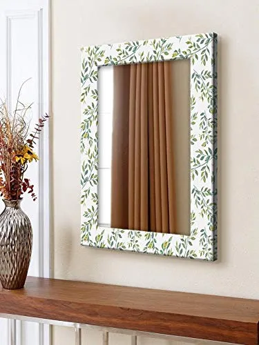 999STORE Printed Glass Mirror for Bathroom Wall Toilet Mirror White Green Leaves washroom Bathroom Mirror (MDF_14X20 Inches) MirrorSMP218