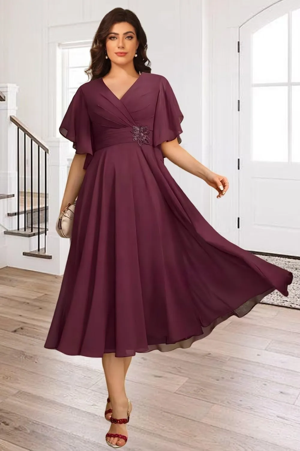 A-line Mother of The Bride Dresses for Women V Neck Ruffles Beaded Tea Length Wedding Guest Dress EEM167