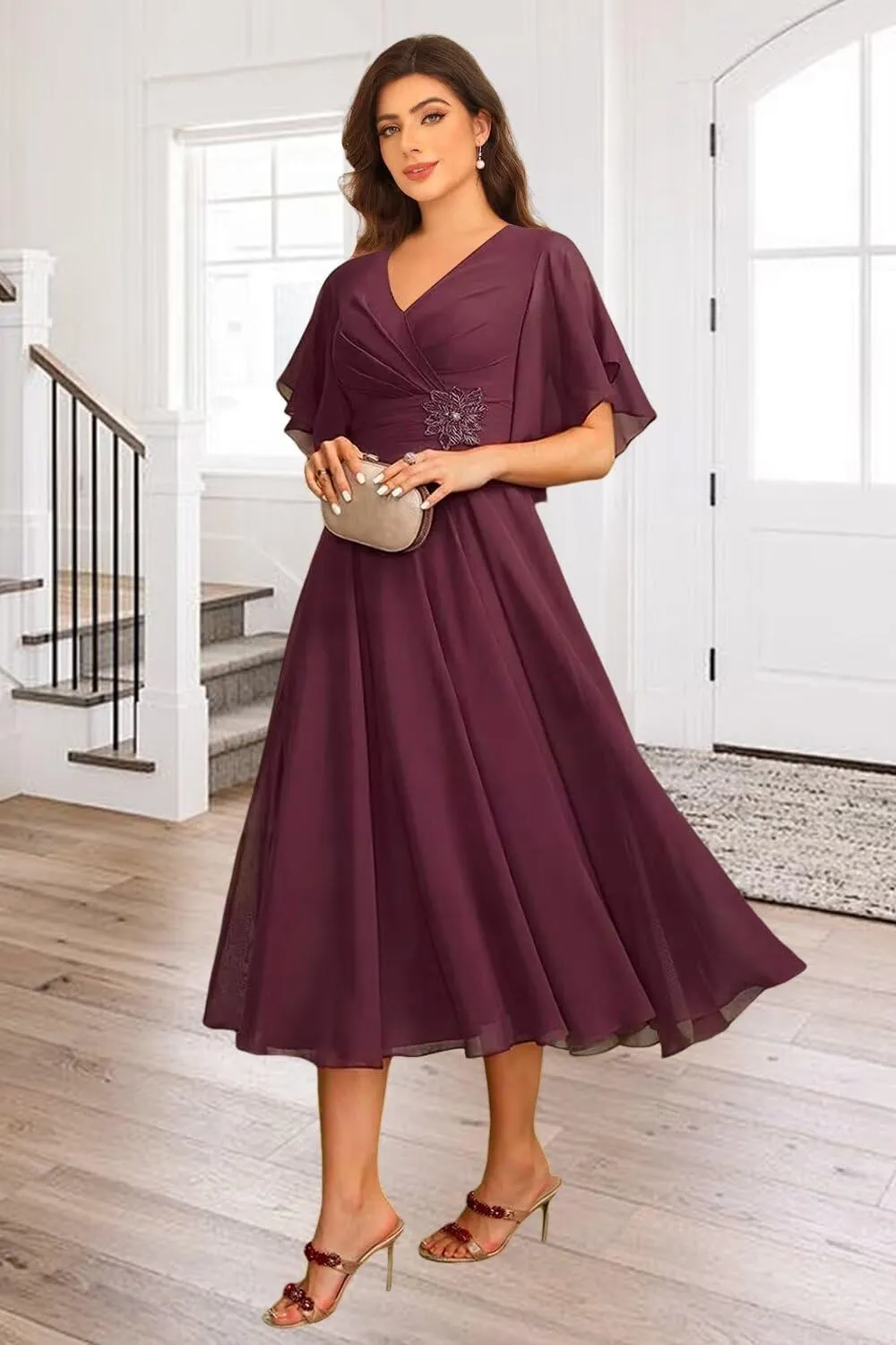 A-line Mother of The Bride Dresses for Women V Neck Ruffles Beaded Tea Length Wedding Guest Dress EEM167
