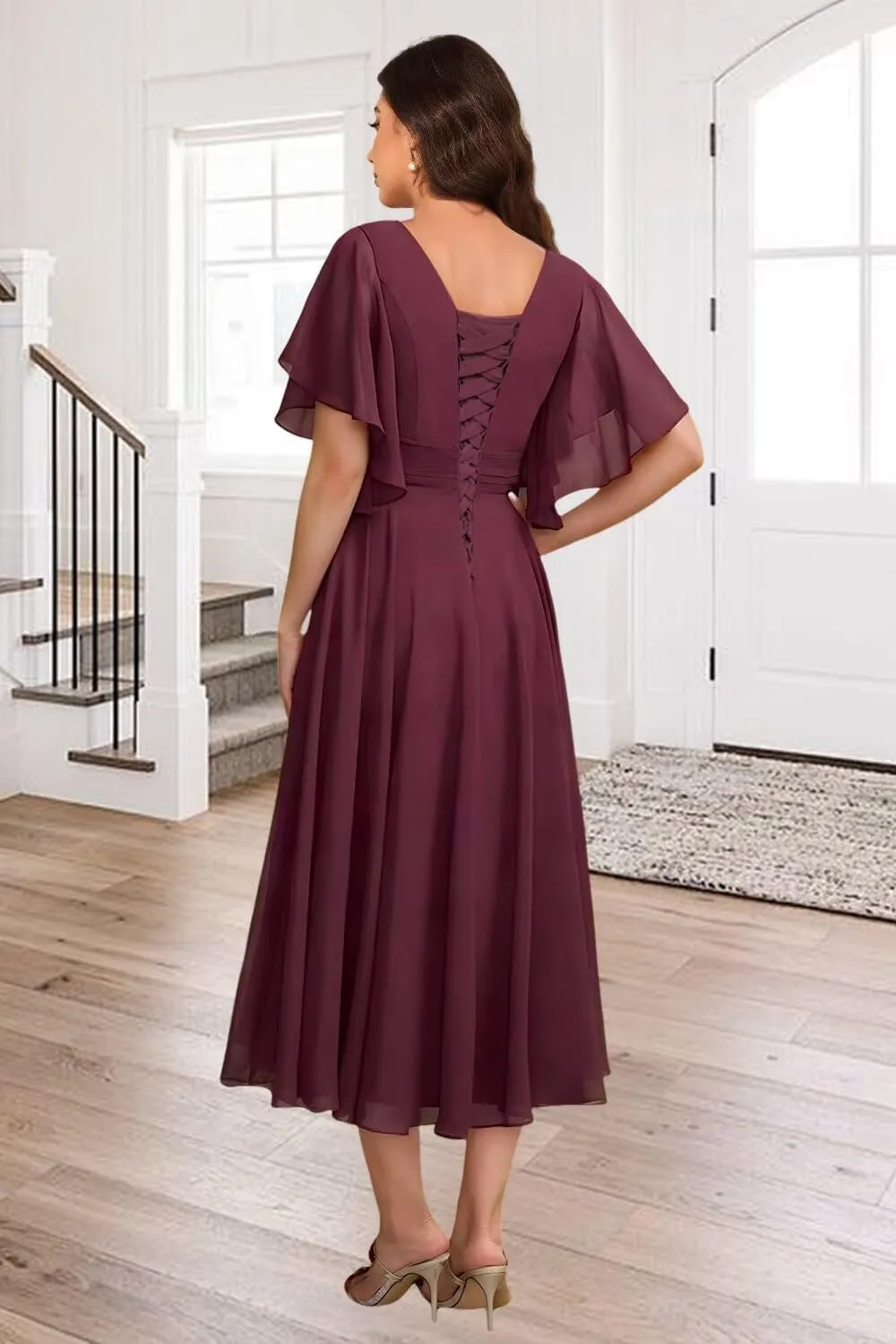 A-line Mother of The Bride Dresses for Women V Neck Ruffles Beaded Tea Length Wedding Guest Dress EEM167
