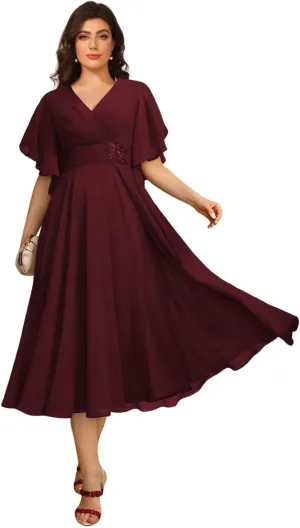 A-line Mother of The Bride Dresses for Women V Neck Ruffles Beaded Tea Length Wedding Guest Dress EEM167