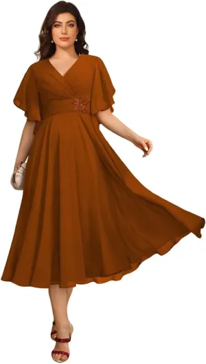 A-line Mother of The Bride Dresses for Women V Neck Ruffles Beaded Tea Length Wedding Guest Dress EEM167