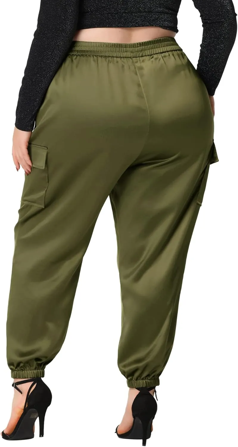 Agnes Orinda Plus Size Satin Joggers for Women Elastic Waist Athleisure Ankle Length Cargo Pants with Pocket