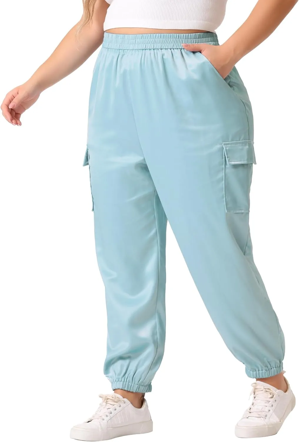 Agnes Orinda Plus Size Satin Joggers for Women Elastic Waist Athleisure Ankle Length Cargo Pants with Pocket