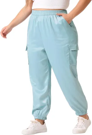 Agnes Orinda Plus Size Satin Joggers for Women Elastic Waist Athleisure Ankle Length Cargo Pants with Pocket