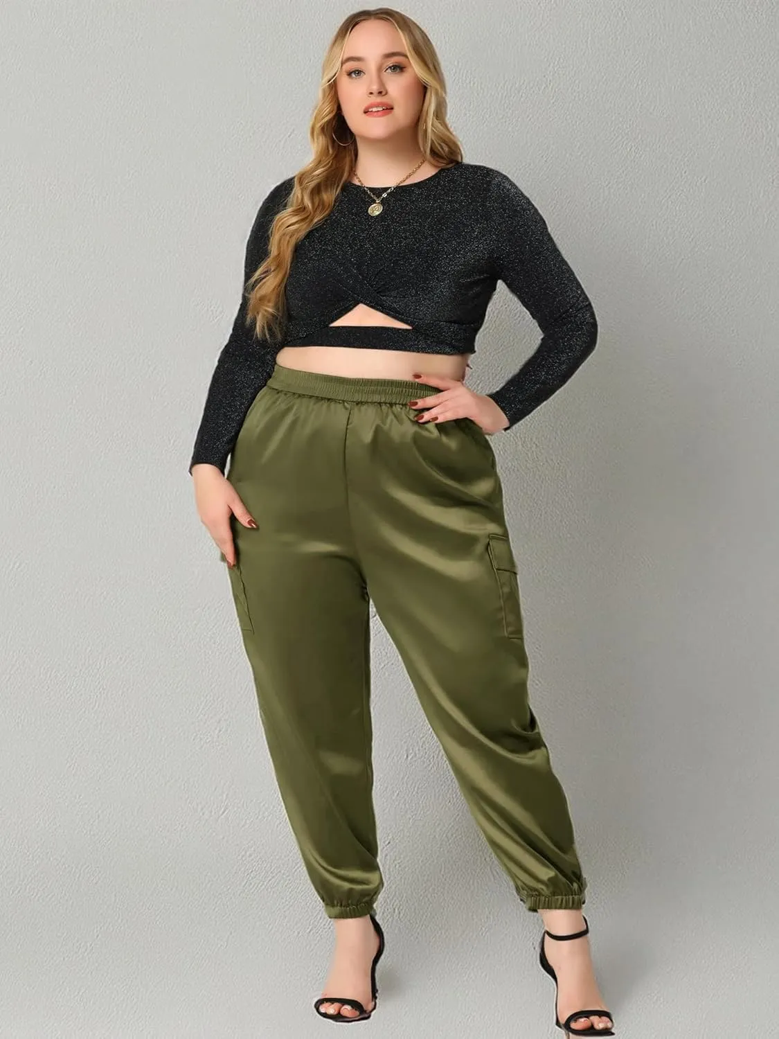 Agnes Orinda Plus Size Satin Joggers for Women Elastic Waist Athleisure Ankle Length Cargo Pants with Pocket