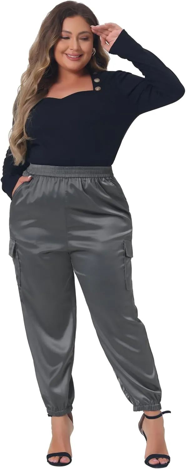 Agnes Orinda Plus Size Satin Joggers for Women Elastic Waist Athleisure Ankle Length Cargo Pants with Pocket