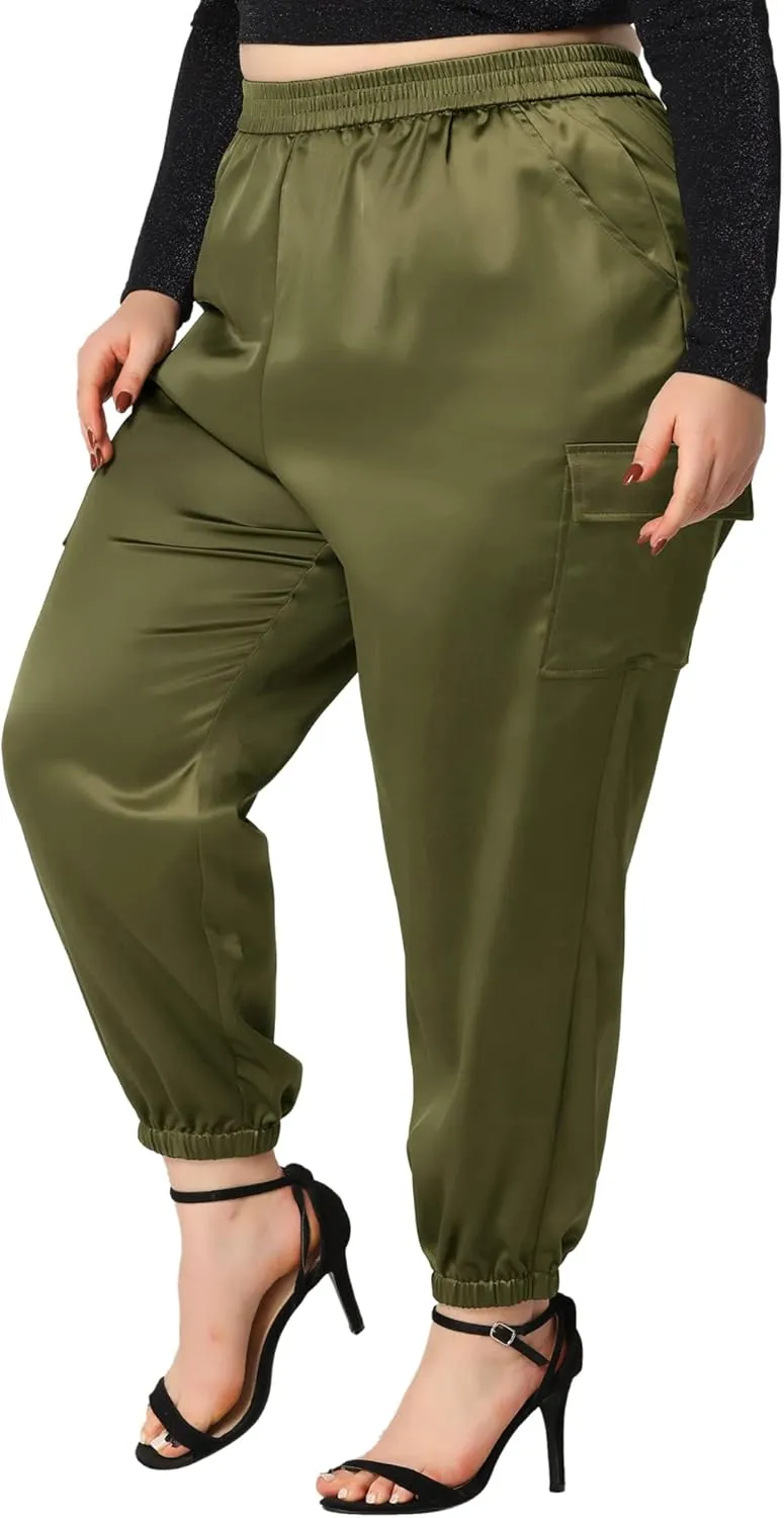 Agnes Orinda Plus Size Satin Joggers for Women Elastic Waist Athleisure Ankle Length Cargo Pants with Pocket