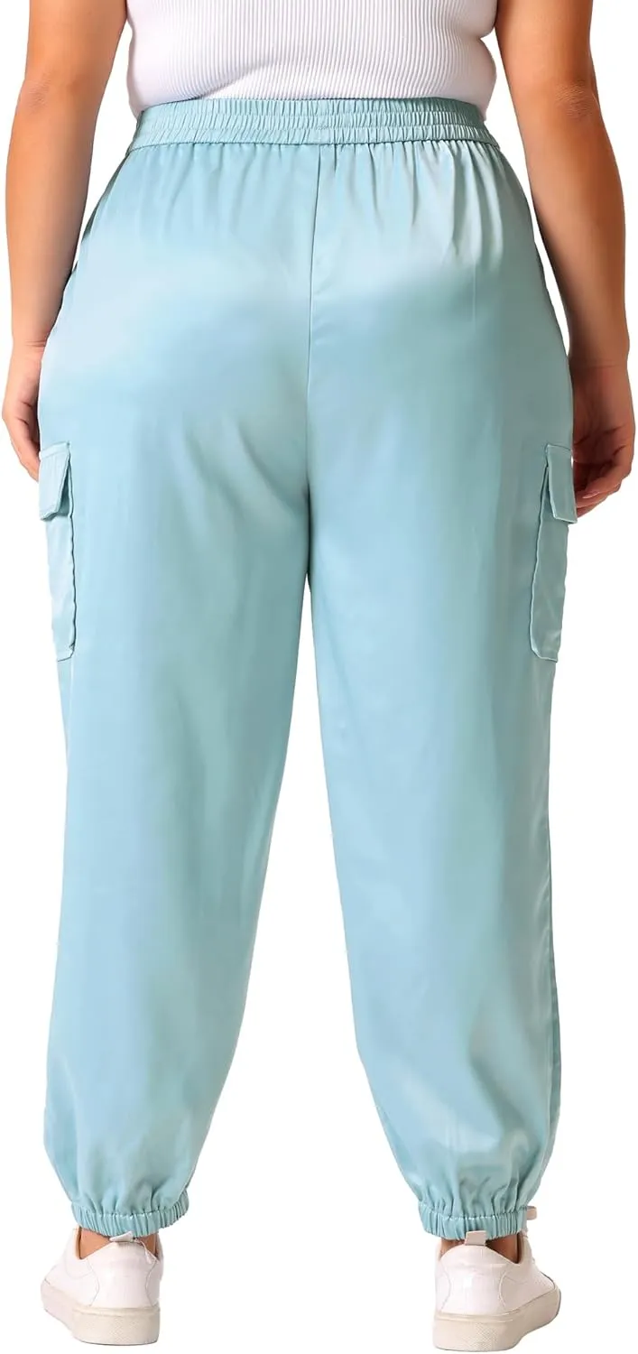 Agnes Orinda Plus Size Satin Joggers for Women Elastic Waist Athleisure Ankle Length Cargo Pants with Pocket
