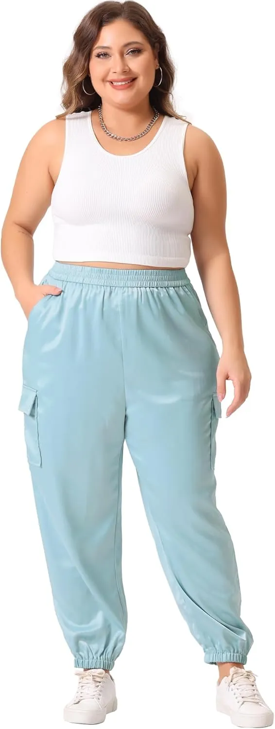 Agnes Orinda Plus Size Satin Joggers for Women Elastic Waist Athleisure Ankle Length Cargo Pants with Pocket