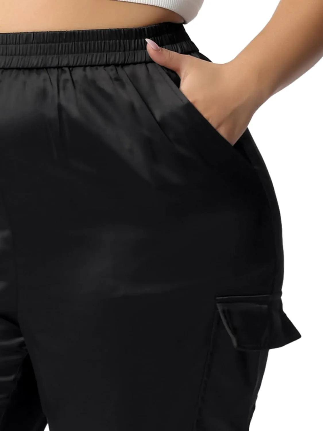 Agnes Orinda Plus Size Satin Joggers for Women Elastic Waist Athleisure Ankle Length Cargo Pants with Pocket