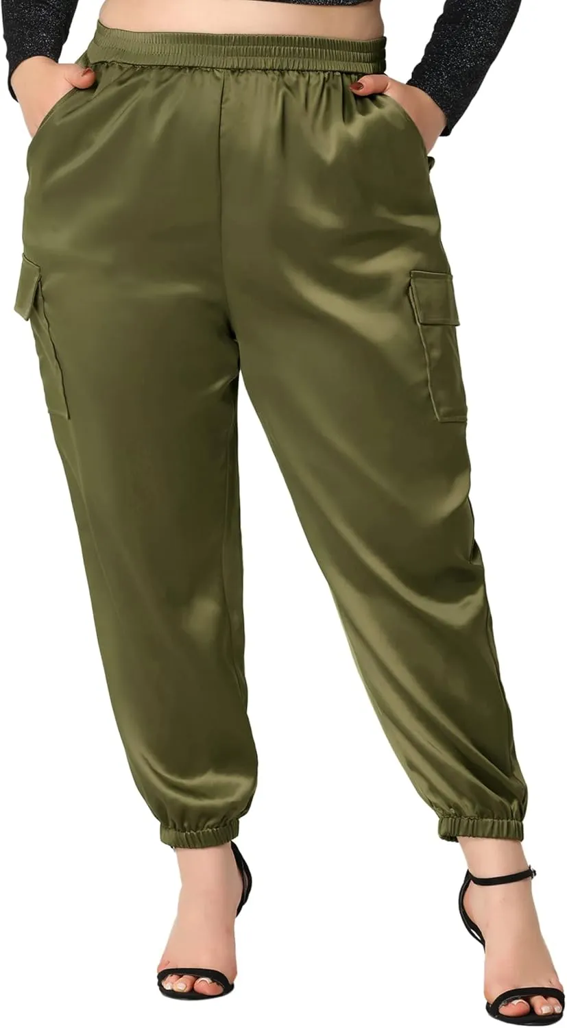 Agnes Orinda Plus Size Satin Joggers for Women Elastic Waist Athleisure Ankle Length Cargo Pants with Pocket
