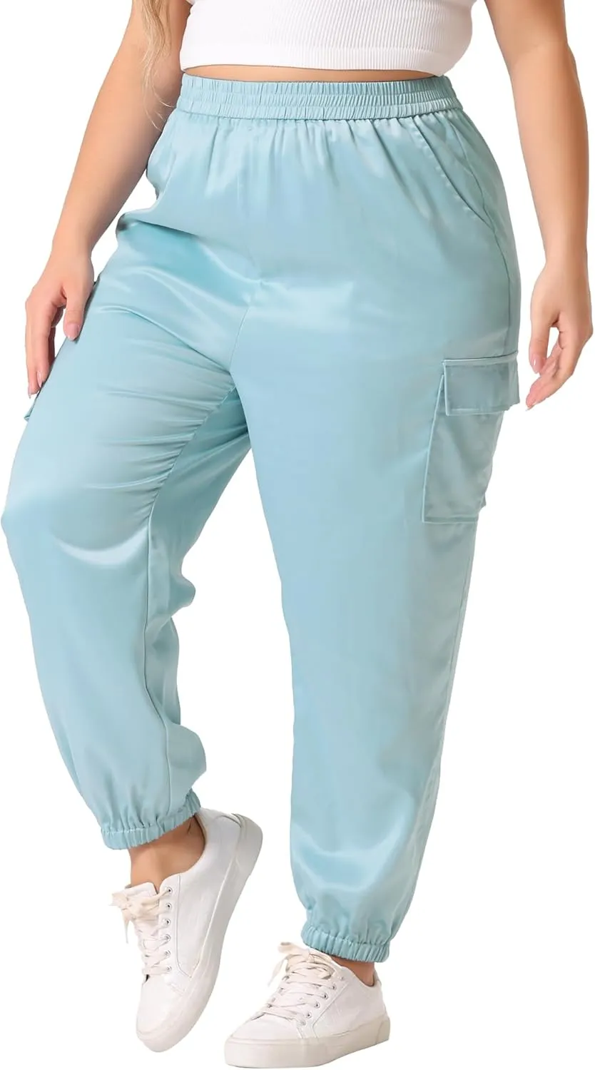 Agnes Orinda Plus Size Satin Joggers for Women Elastic Waist Athleisure Ankle Length Cargo Pants with Pocket