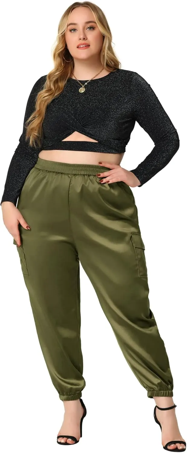 Agnes Orinda Plus Size Satin Joggers for Women Elastic Waist Athleisure Ankle Length Cargo Pants with Pocket