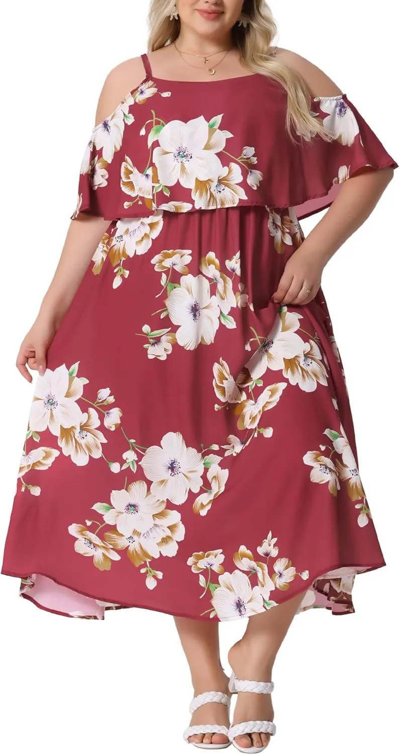 Agnes Orinda Plus Size Summer Dresses for Women Square Neck Adjustable Strap Beach Sundress Casual Maxi Dress