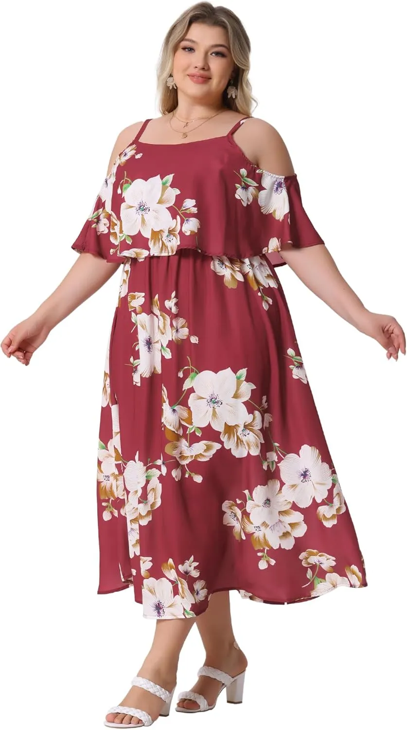 Agnes Orinda Plus Size Summer Dresses for Women Square Neck Adjustable Strap Beach Sundress Casual Maxi Dress