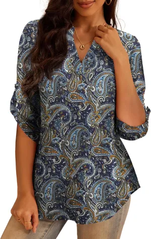 a.Jesdani Women's Plus Size Tops 3/4 Roll Sleeve Shirts V Neck Blouses Tunic Top