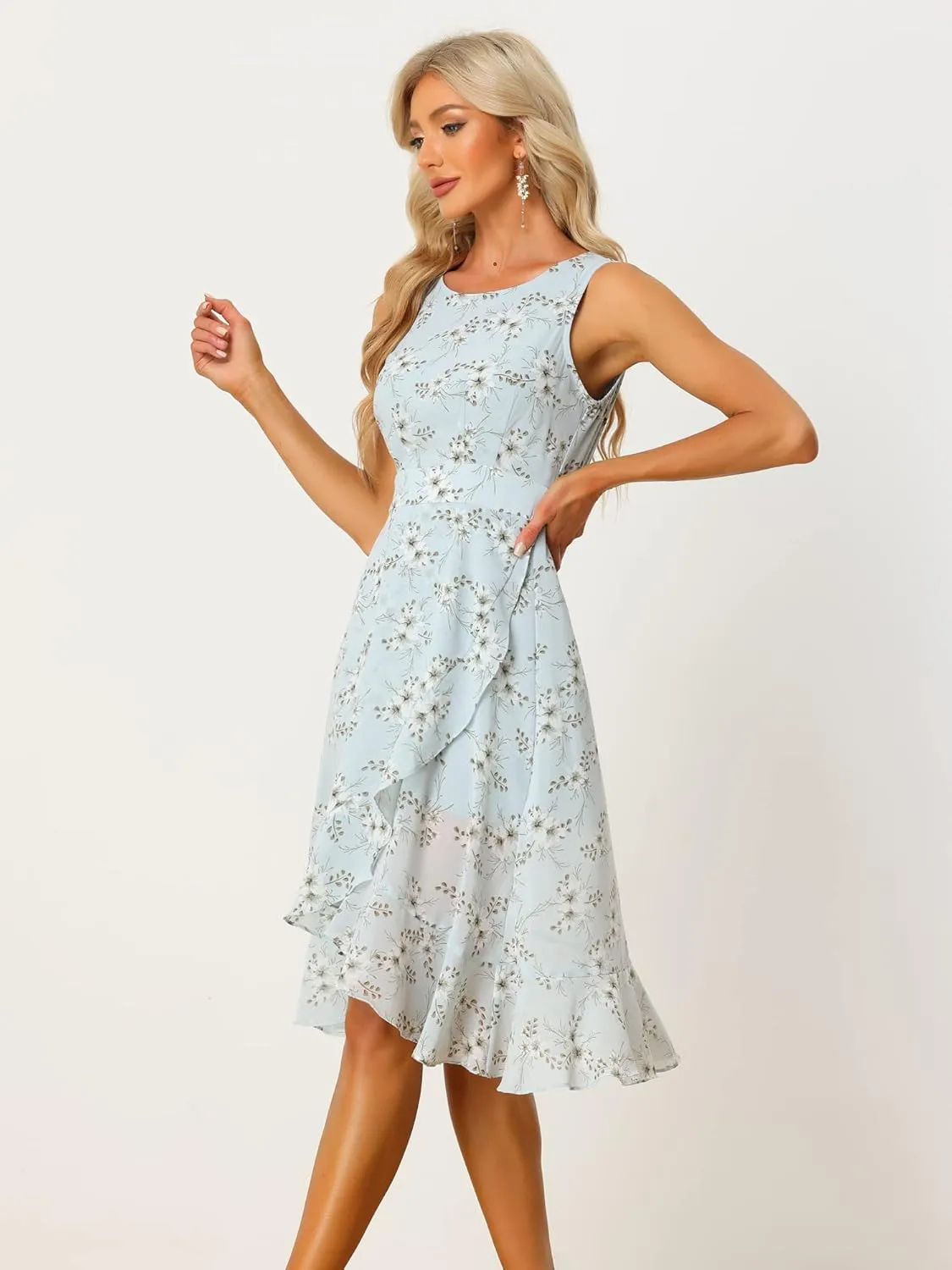 Allegra K Women's Summer Dresses 2025 Wrap Ruffle High Low Hem Round Neck Keyhole Back Sleeveless Floral Dress