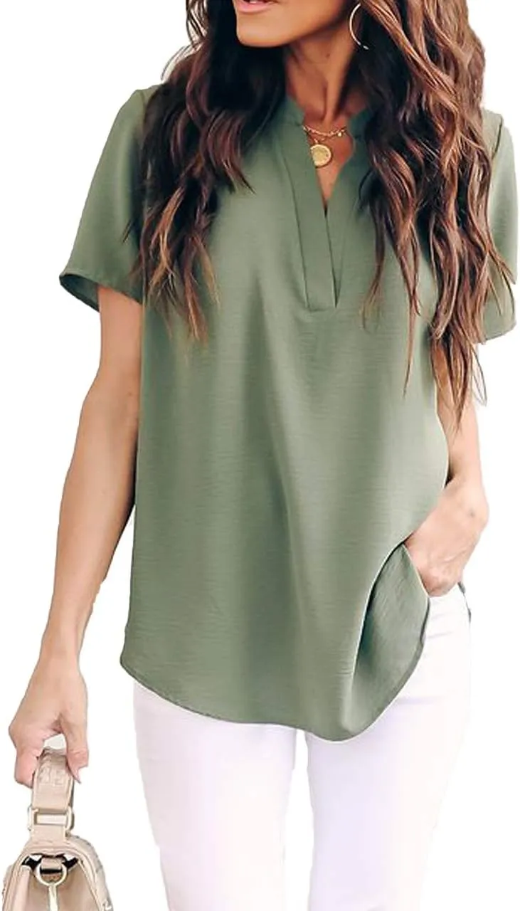 Allimy Women Summer Casual Split V Neckline Chiffon Blouses Loose Tunic Short Sleeve Tops