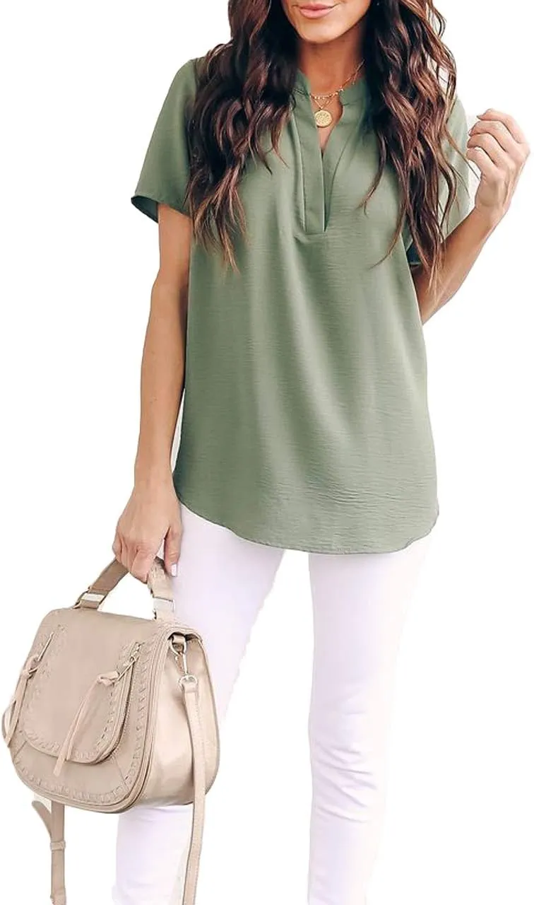 Allimy Women Summer Casual Split V Neckline Chiffon Blouses Loose Tunic Short Sleeve Tops