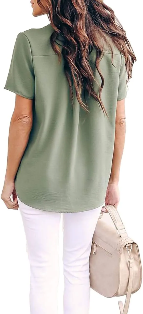 Allimy Women Summer Casual Split V Neckline Chiffon Blouses Loose Tunic Short Sleeve Tops