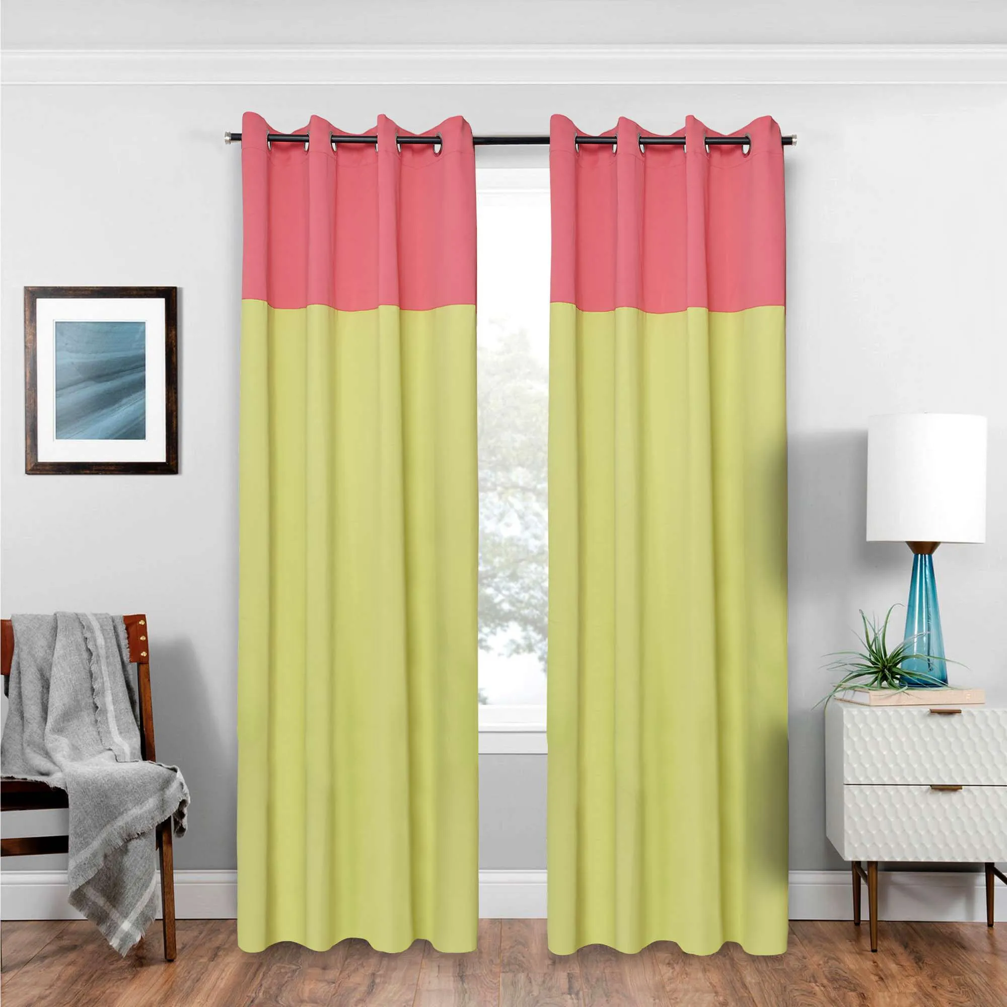 American-Elm 2 Panel ParrotGreen and Strawberry Pink Imported High Rated two Colour Room Darkening Blackout Curtains
