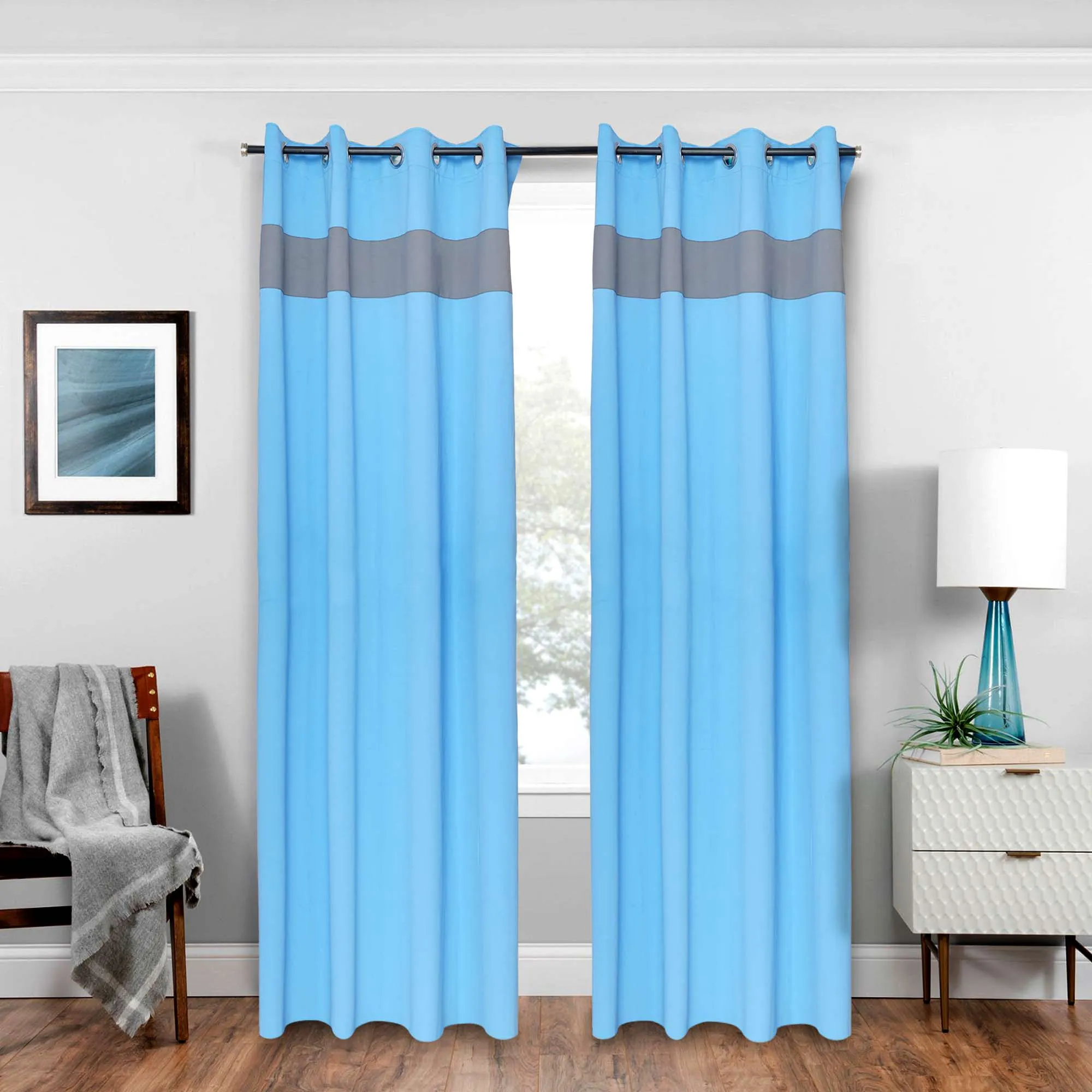 American-Elm 2 Panel SkyBlue and Frost Grey High Quality Polyester two Colour Room Darkening Blackout Curtains