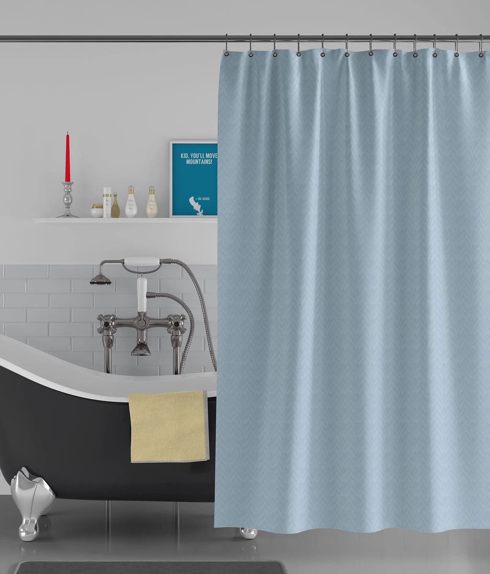 American-Elm Box Textured Light Blue Anti Bacterial Water-Repellent Shower Curtain, Bathroom Curtains