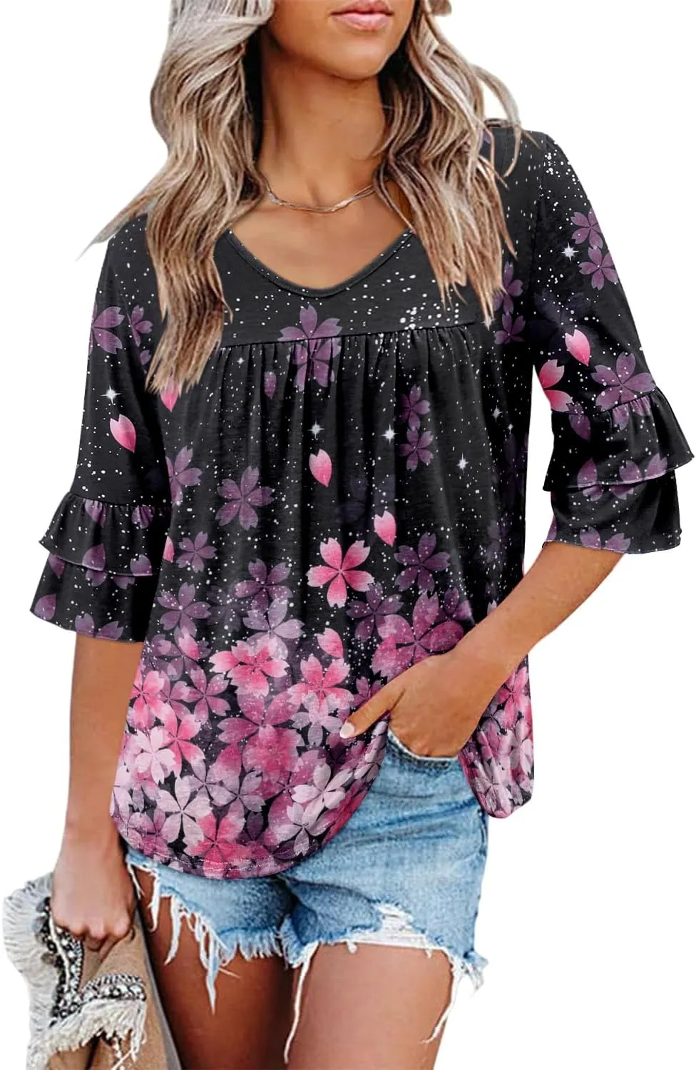 Angerella 3/4 Length Sleeve Womens Tops Dressy Casual Blouses Loose Fit Tunic Tops V Neck T Shirts Spring Summer Outfits