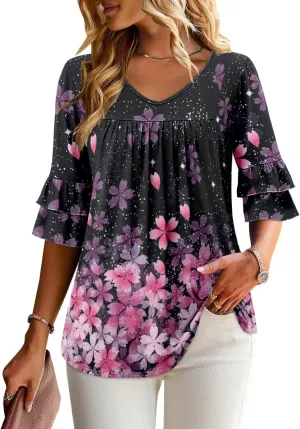 Angerella 3/4 Length Sleeve Womens Tops Dressy Casual Blouses Loose Fit Tunic Tops V Neck T Shirts Spring Summer Outfits