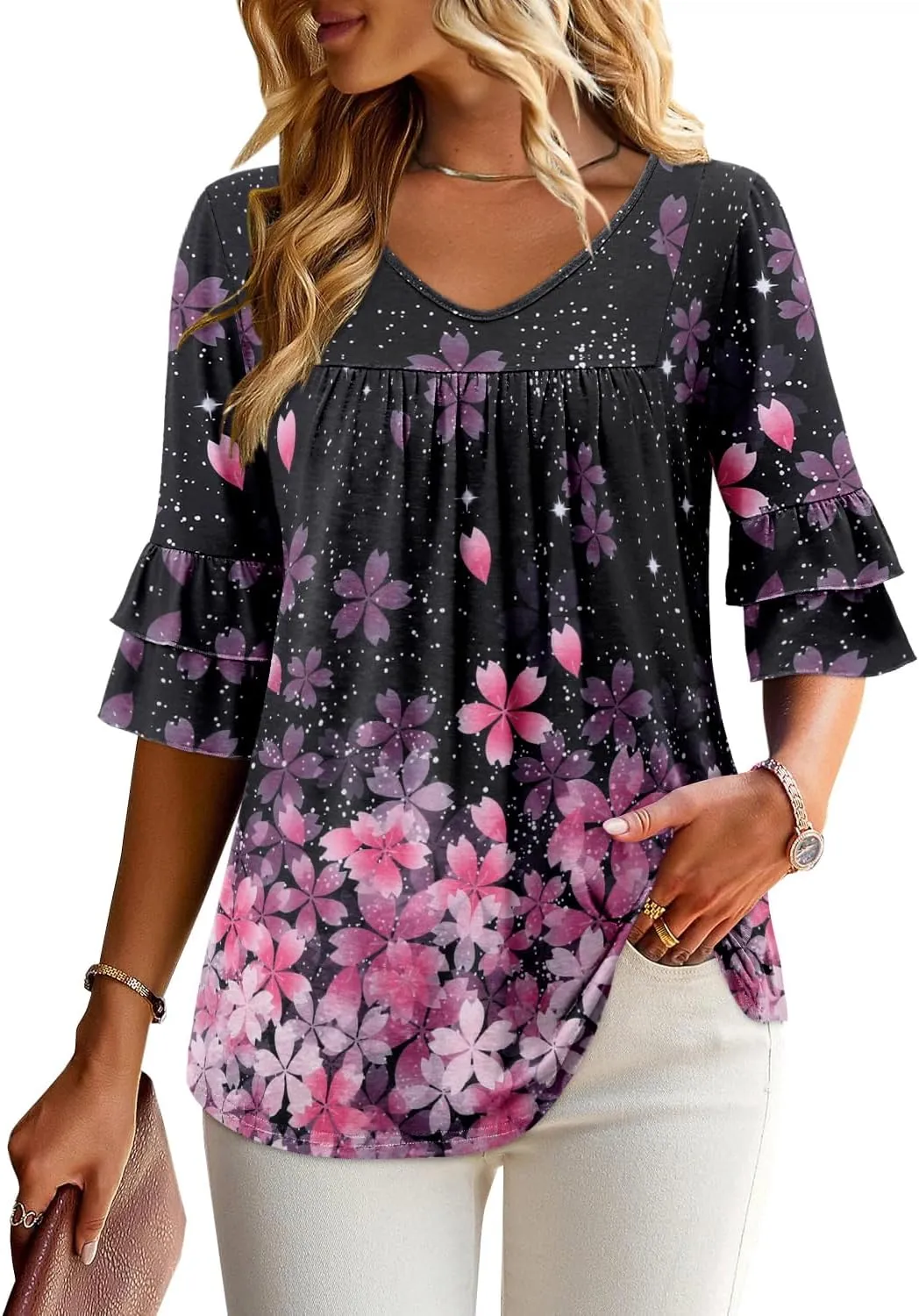 Angerella 3/4 Length Sleeve Womens Tops Dressy Casual Blouses Loose Fit Tunic Tops V Neck T Shirts Spring Summer Outfits