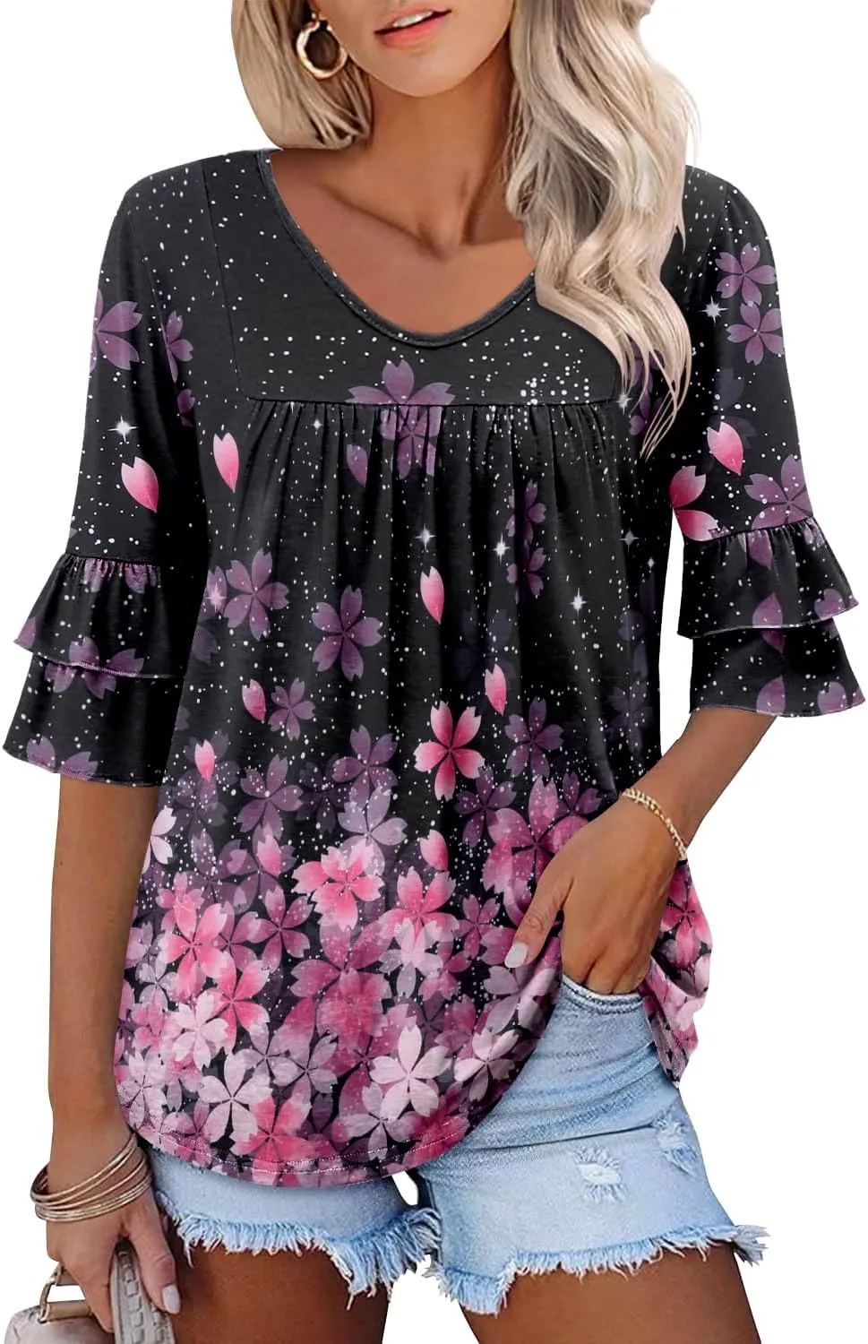 Angerella 3/4 Length Sleeve Womens Tops Dressy Casual Blouses Loose Fit Tunic Tops V Neck T Shirts Spring Summer Outfits