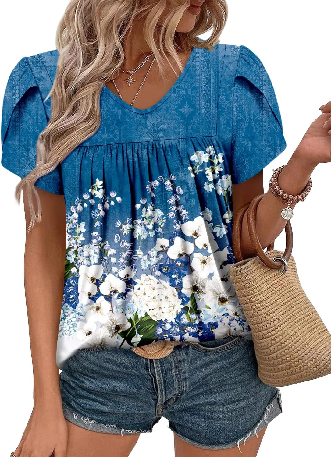 Angerella Womens Tops Dressy Casual Summer Short Sleeve T-Shirts Trendy Loose Blouse V Neck Tunic Tops to Wear with Leggings