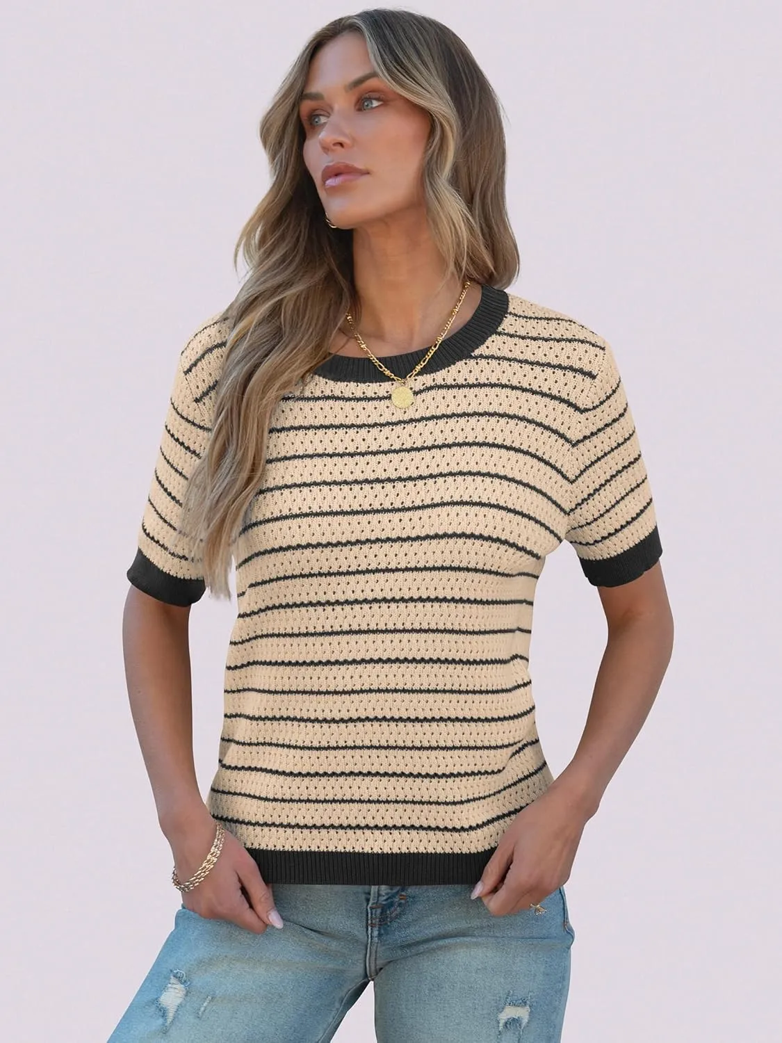 ANRABESS Women's Short Sleeve Sweaters Summer Knit Tops Crewneck Casual Business Dressy Blouses 2025 Spring Outfit