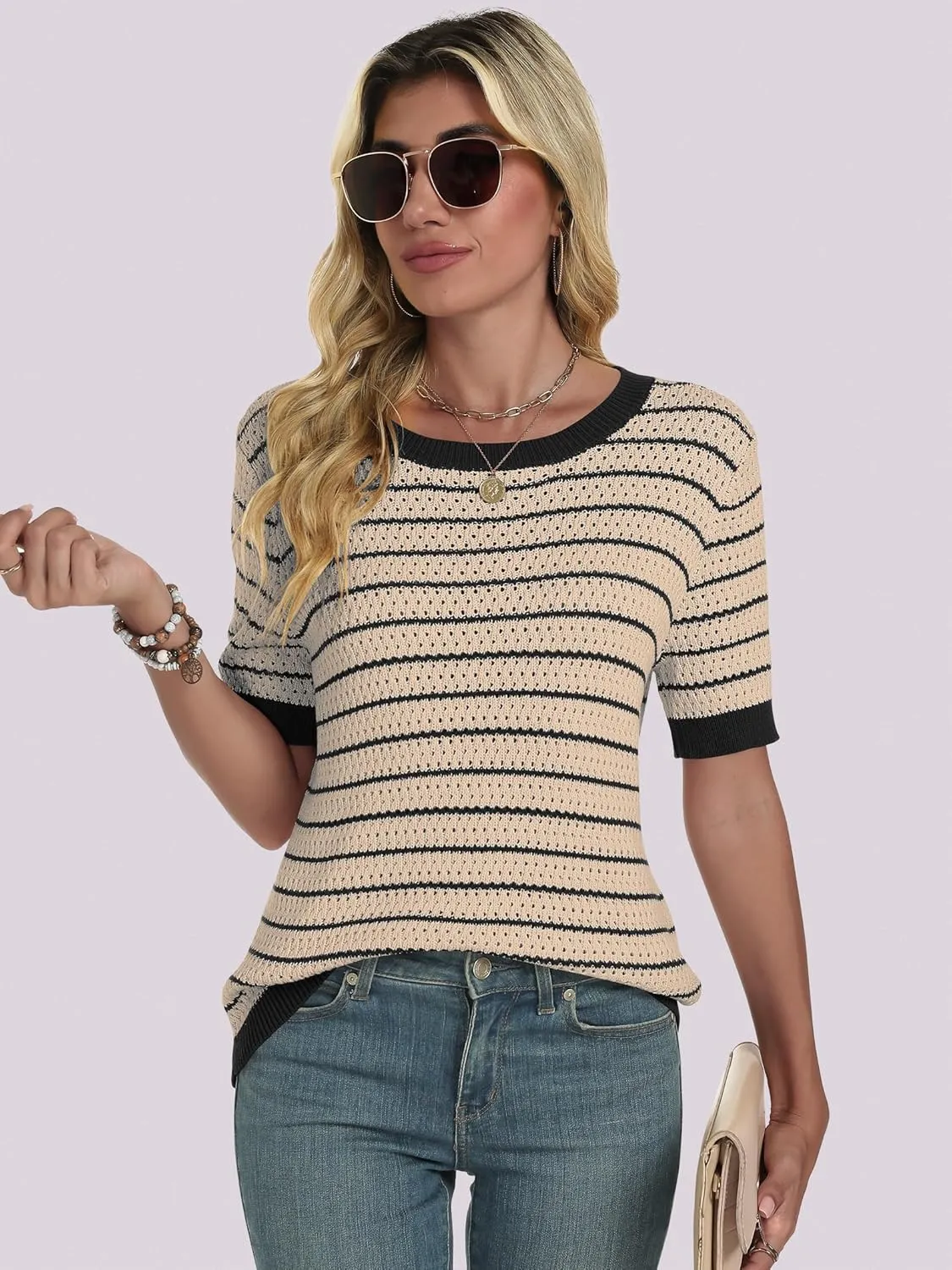 ANRABESS Women's Short Sleeve Sweaters Summer Knit Tops Crewneck Casual Business Dressy Blouses 2025 Spring Outfit