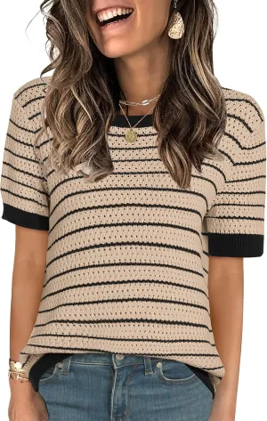 ANRABESS Women's Short Sleeve Sweaters Summer Knit Tops Crewneck Casual Business Dressy Blouses 2025 Spring Outfit