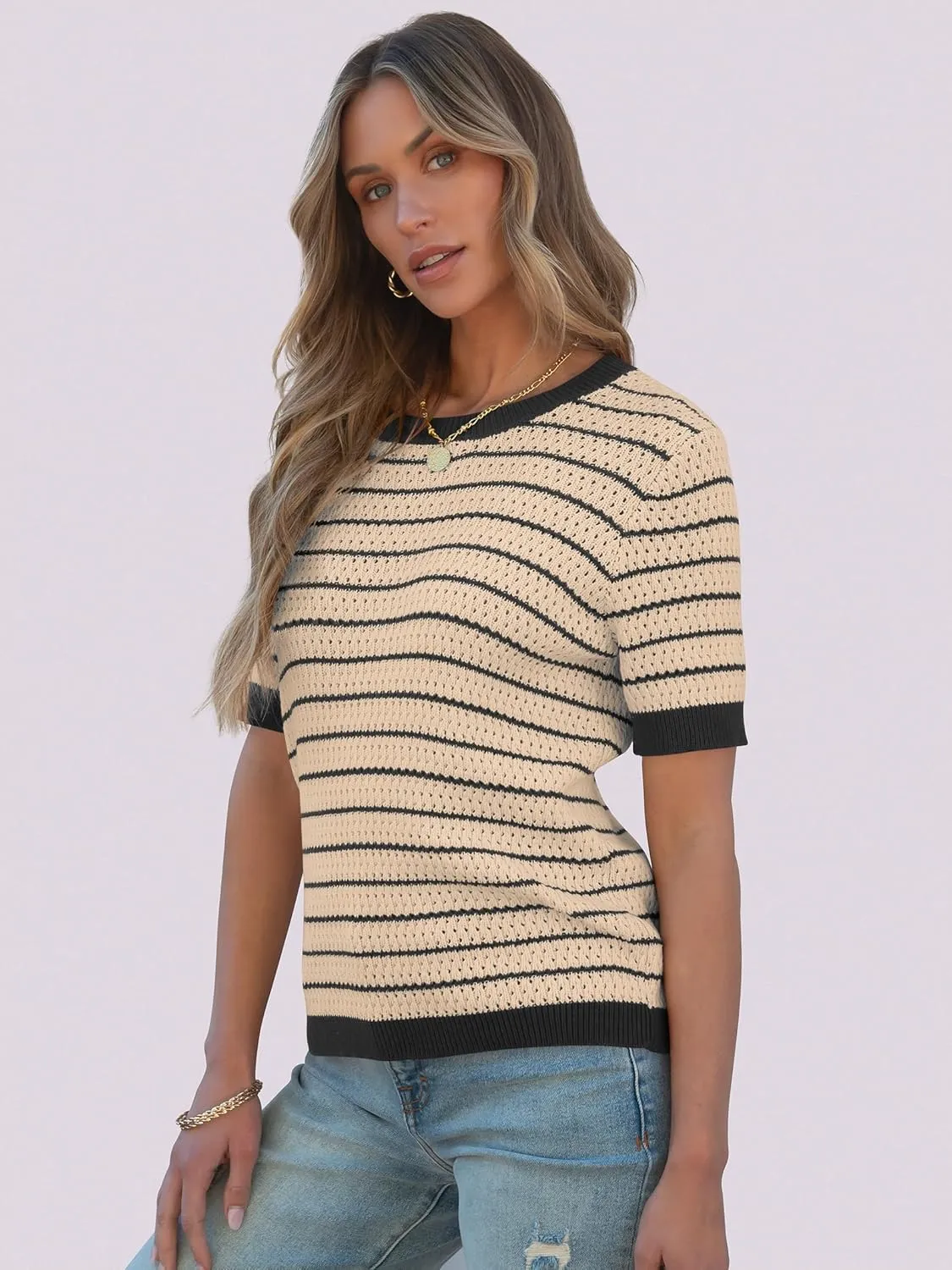 ANRABESS Women's Short Sleeve Sweaters Summer Knit Tops Crewneck Casual Business Dressy Blouses 2025 Spring Outfit