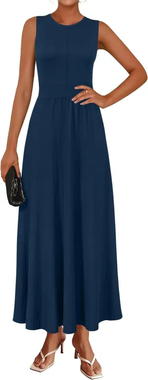 Arach&Cloz Womens Summer Maxi Dress 2025 Crew Neck Sleeveless Knitted Church Work Business Casual Outfits Long Dresses