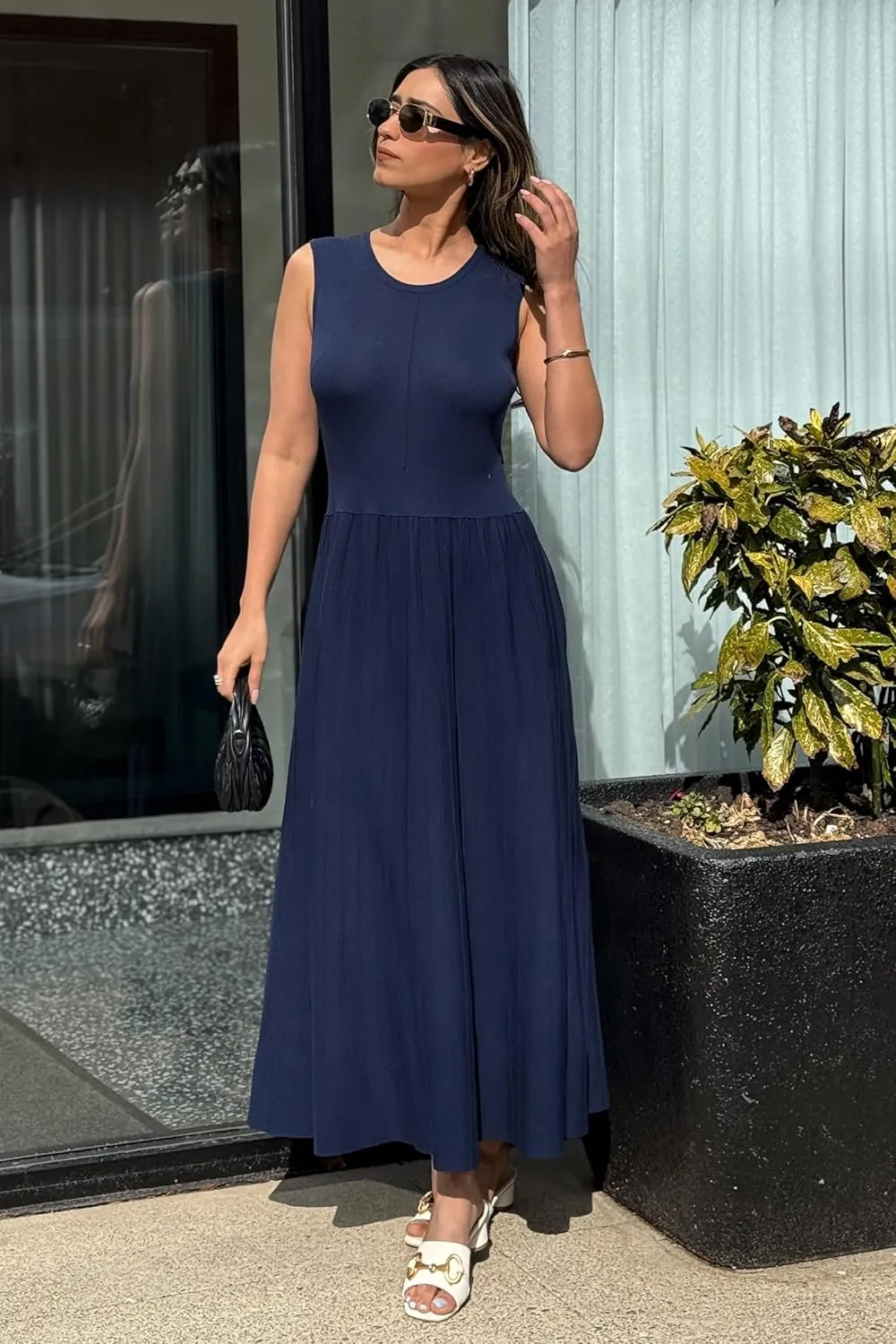 Arach&Cloz Womens Summer Maxi Dress 2025 Crew Neck Sleeveless Knitted Church Work Business Casual Outfits Long Dresses